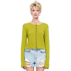 VIAVIA Women's Round Neck Cashmere Cardigan Size L in Chartreuse